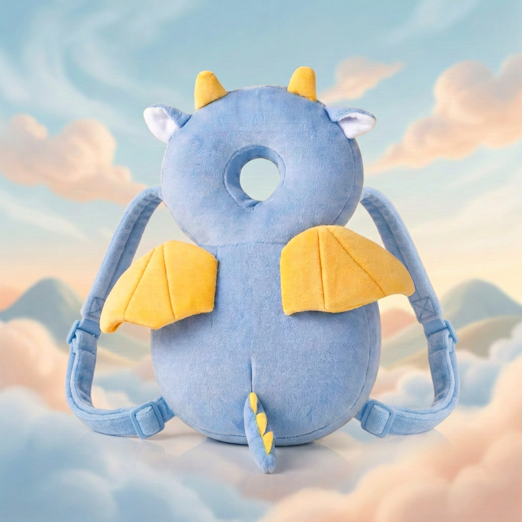 Protège-tête bébé Dragon Ciel bleu et jaune avec sa bretelle dans son univers de nuages